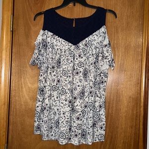Off the Shoulder Cream and Blue Paisley Plus Size Top!